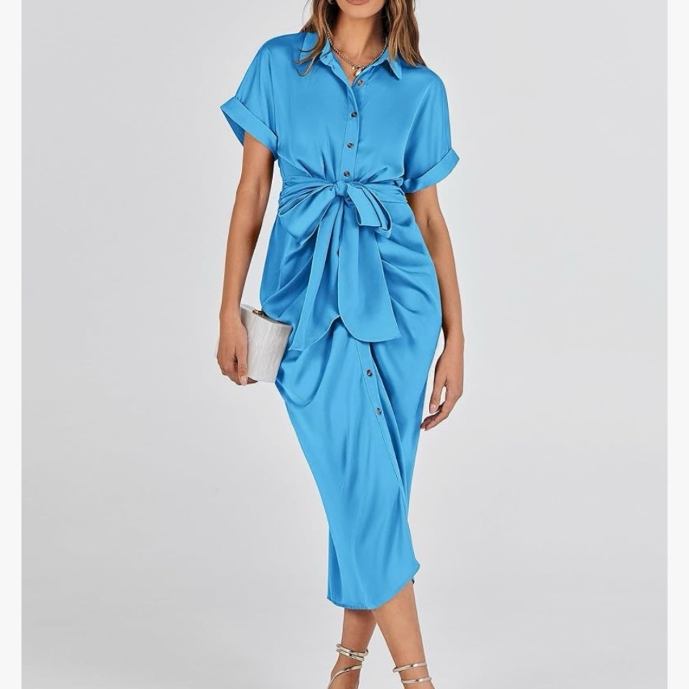 Elegant Satin Ruched Shirt Dress - Picture 3 of 12